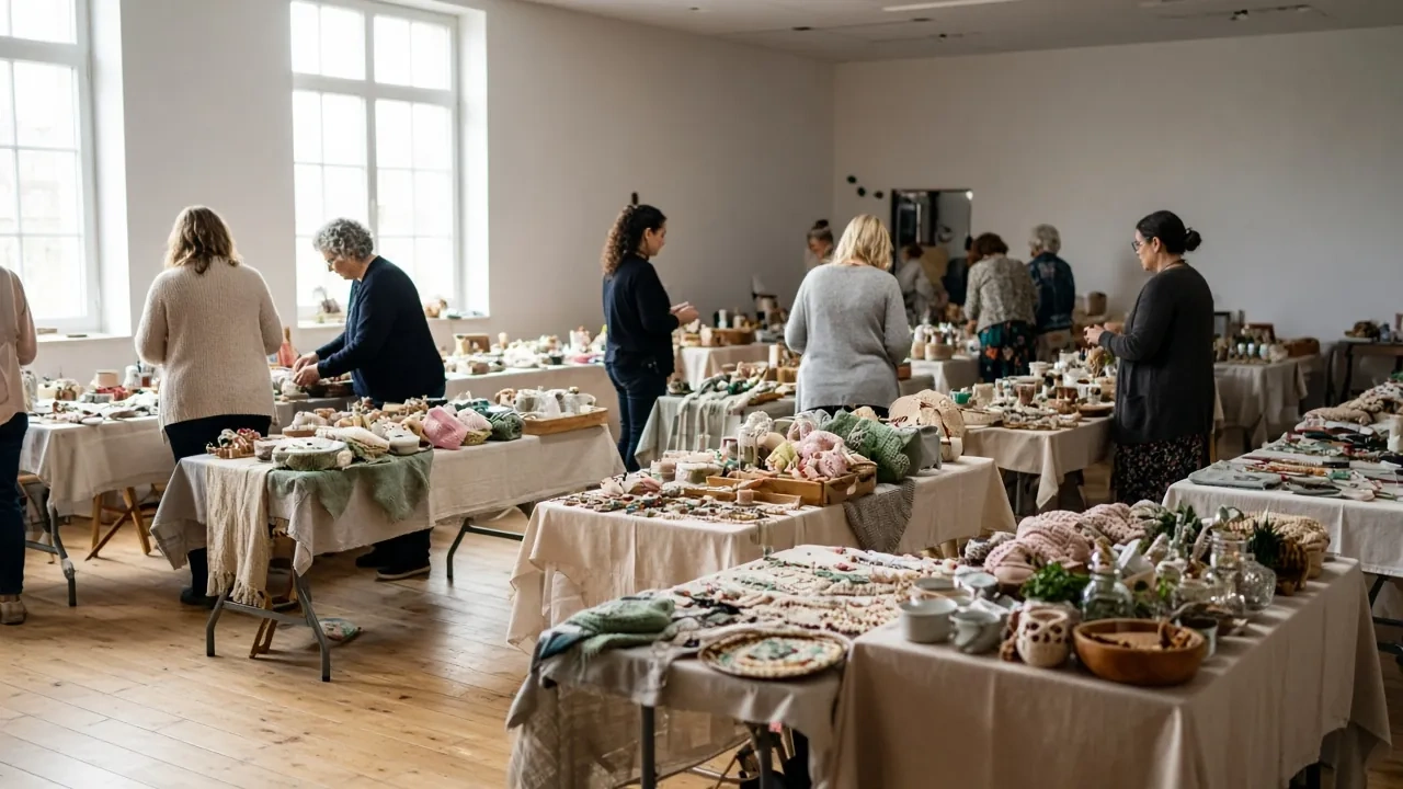 Shoppers browsing tables of handmade goods in a bright hall with tall windows.
