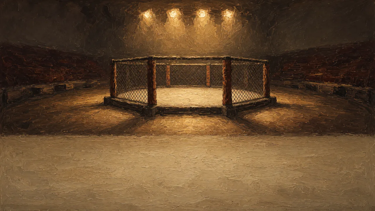Painting of a cage-style fighting ring under bright lights in a dark arena.