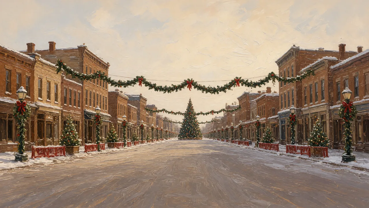 Painting of a main street hung with garlands around a tall tree.
