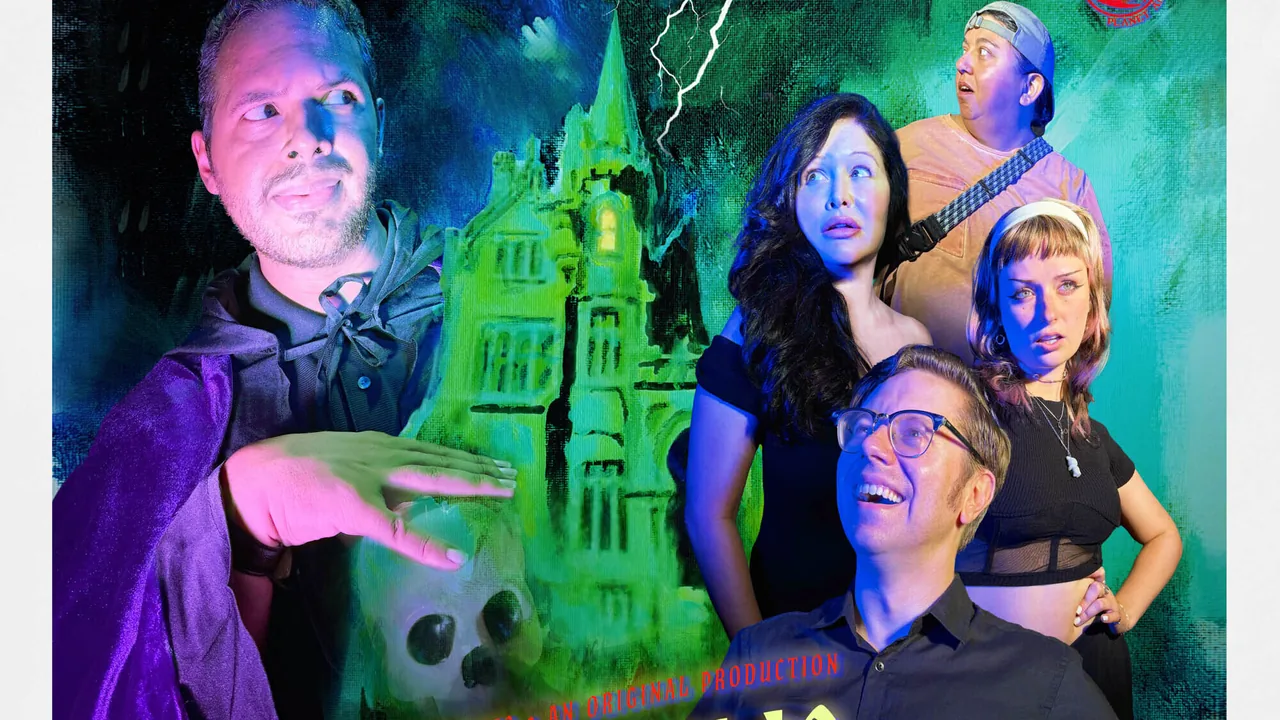 Costumed performers pose beside a glowing green castle model