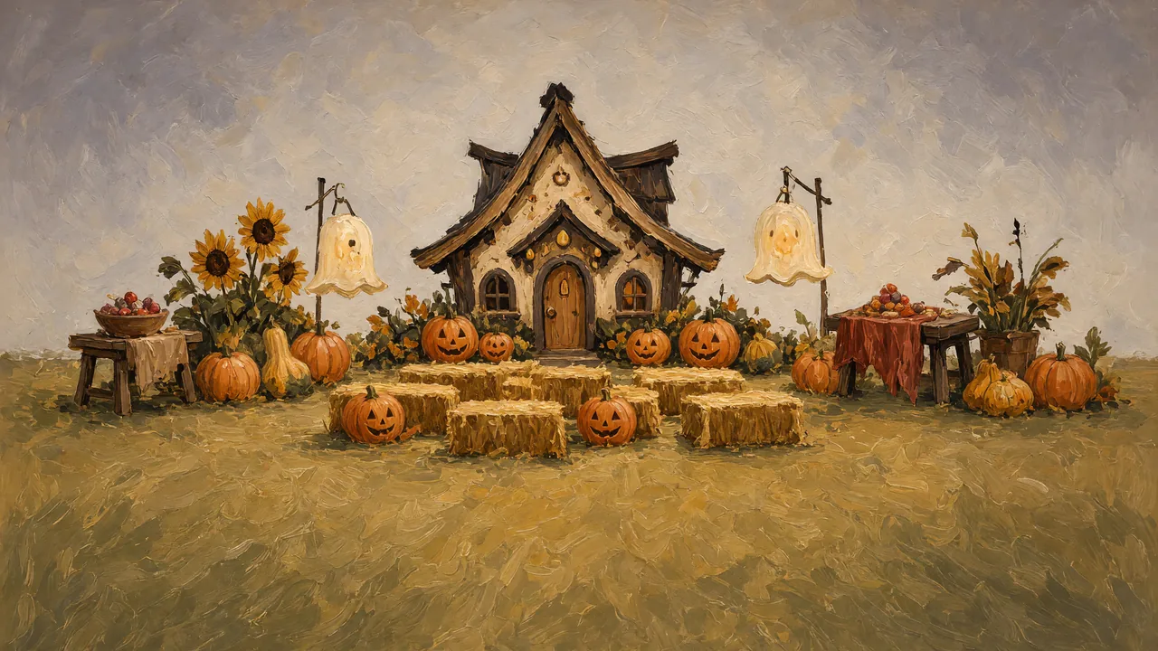Painting of a small cottage with sunflowers, pumpkins and hay bales.