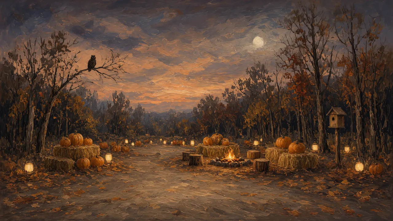 Painting of pumpkins and lanterns beneath bare trees at dusk.