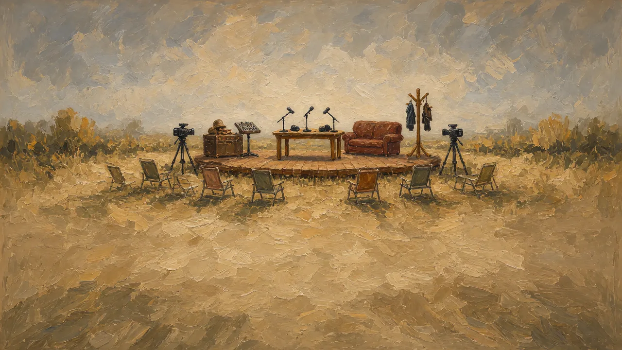 Painting of a desk, microphones and chairs set up on a grassy field.