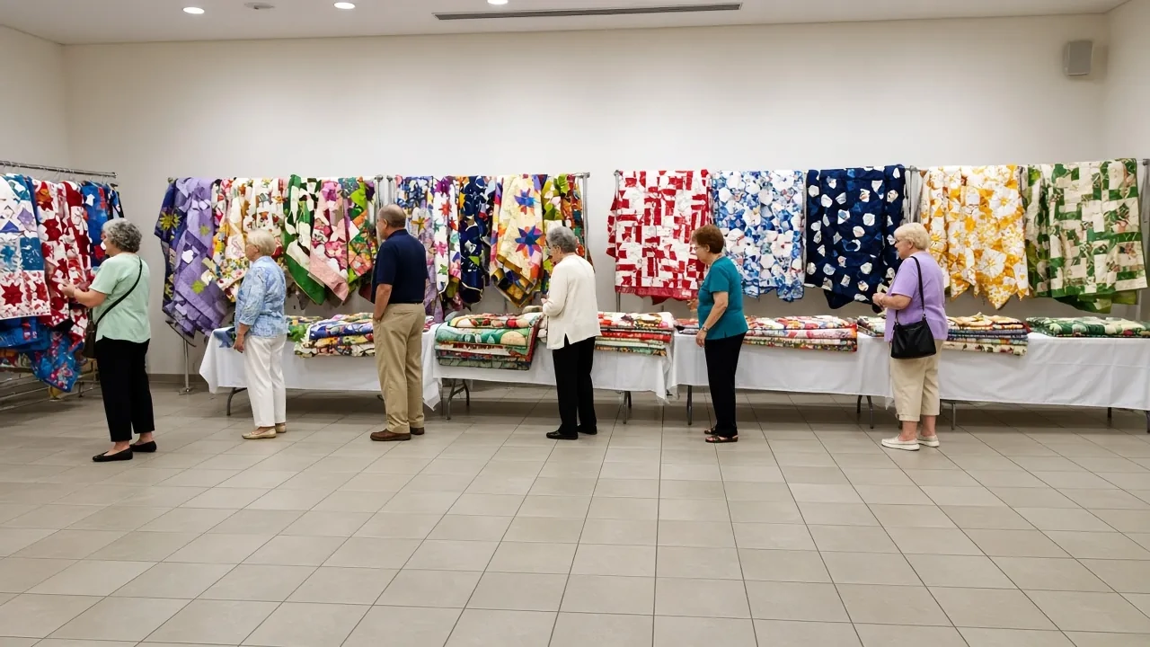 Colorful quilts hang along a wall while shoppers browse tables in a bright expo hall.