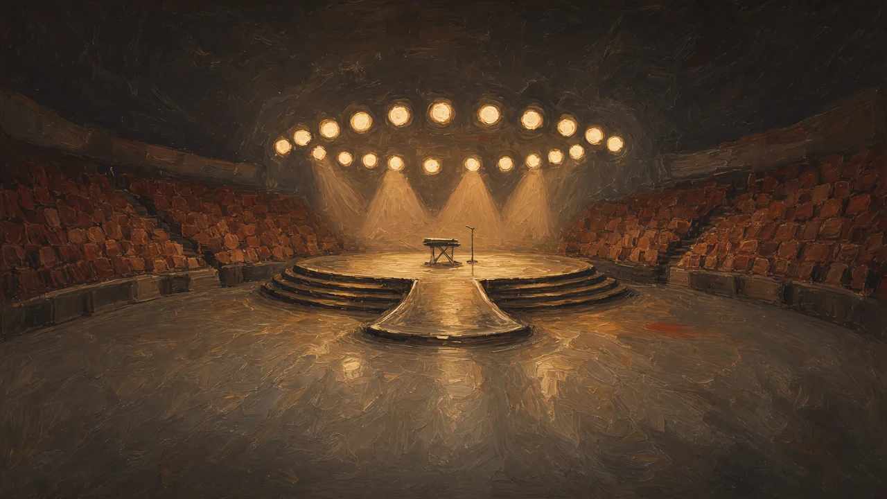 Painting of a round stage under a ring of lights in an arena.