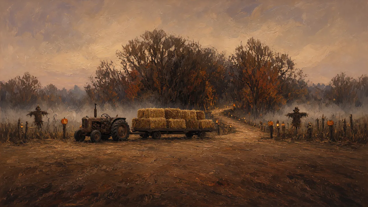 Painting of a tractor pulling a hay wagon past scarecrows at dusk.