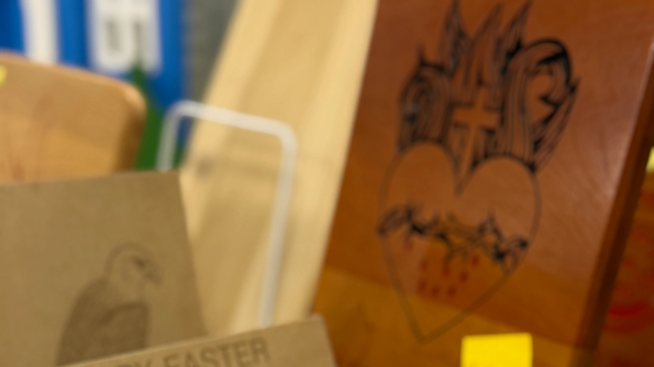 Handmade wooden craft pieces displayed at a craft show