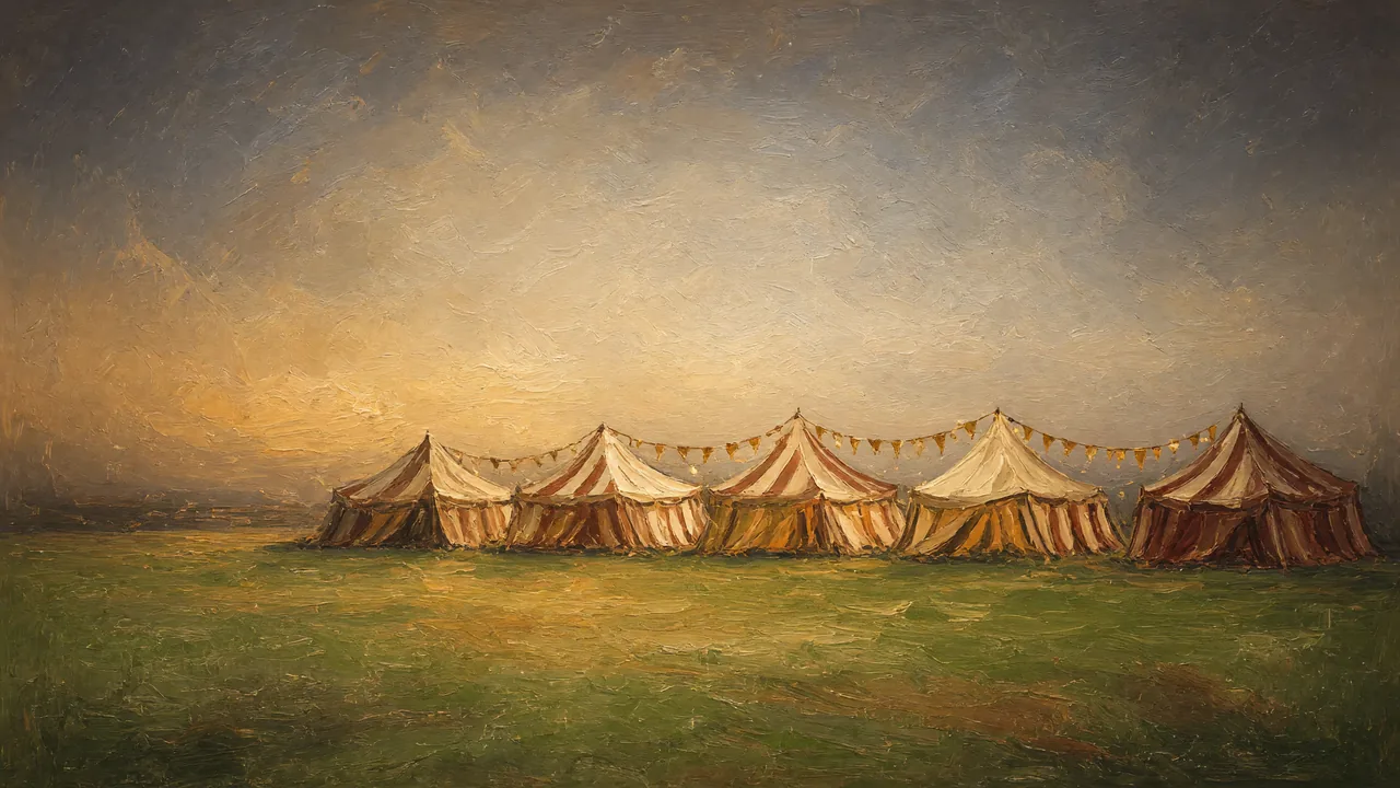 Painting of a row of striped tents on a green field at sunset.