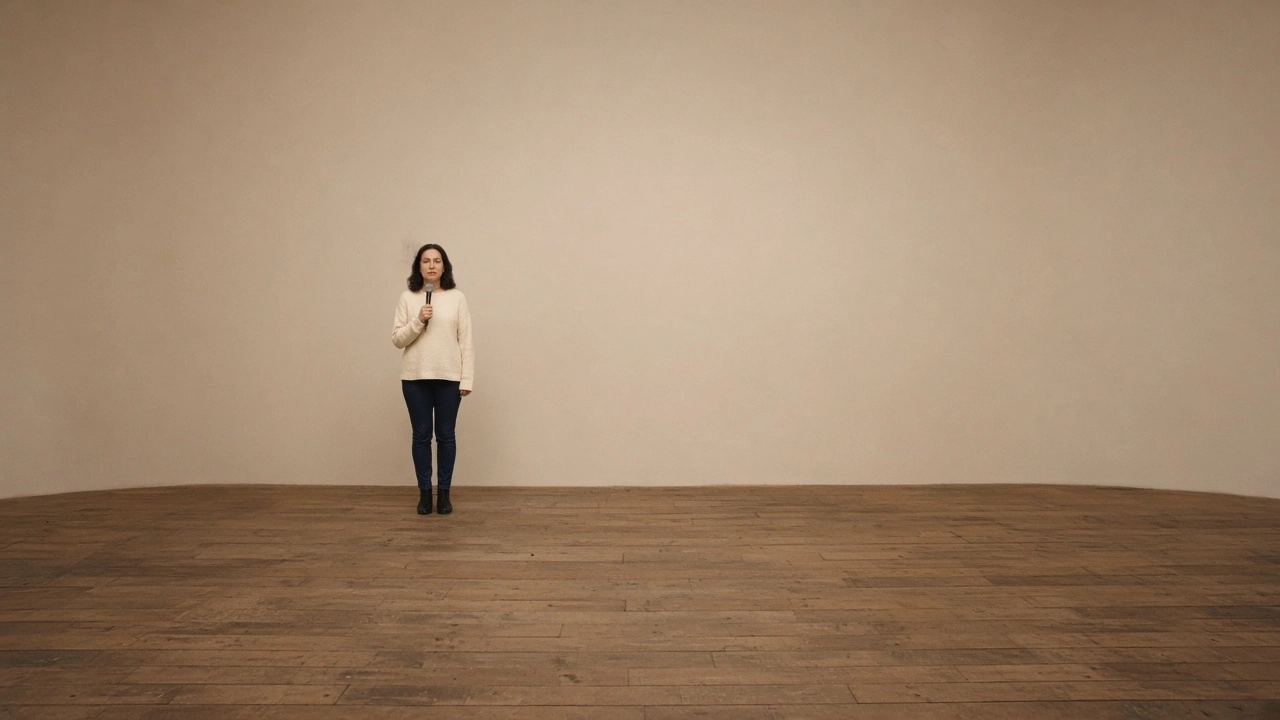 A comedian in a white sweater holds a microphone alone on a bare stage with a cream backdrop.
