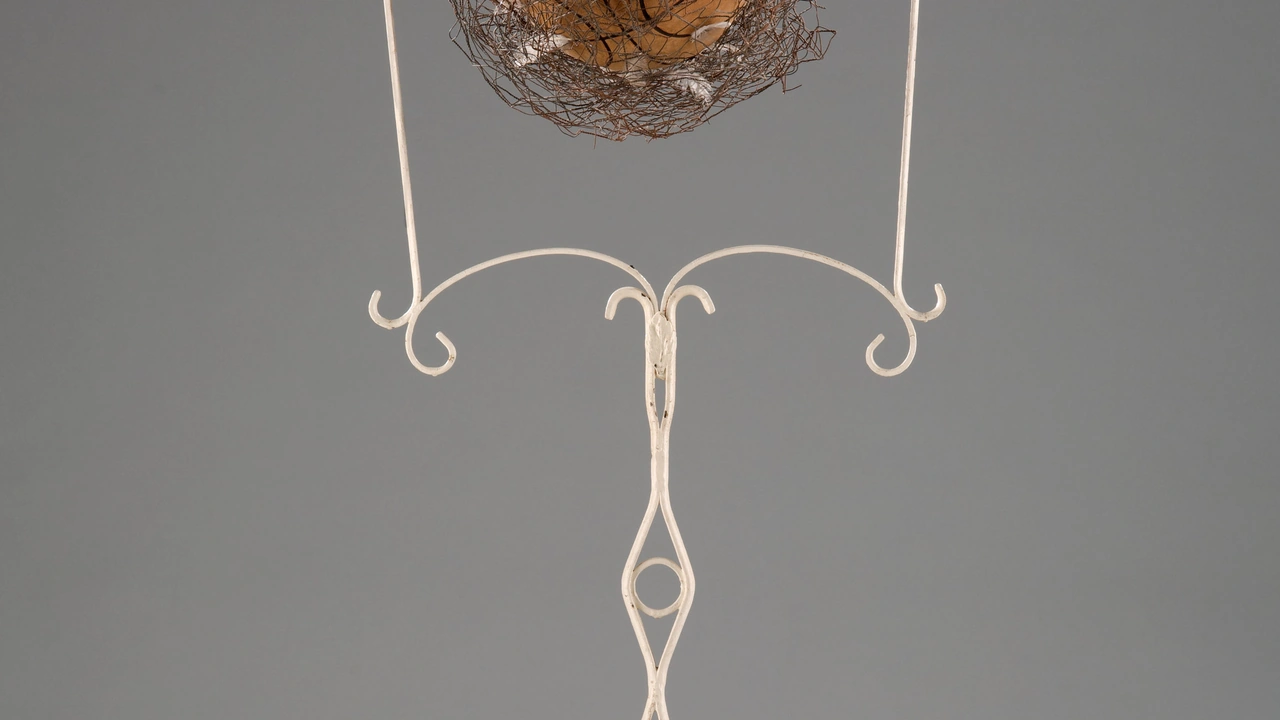 An ornate white wire stand holding a woven nest
