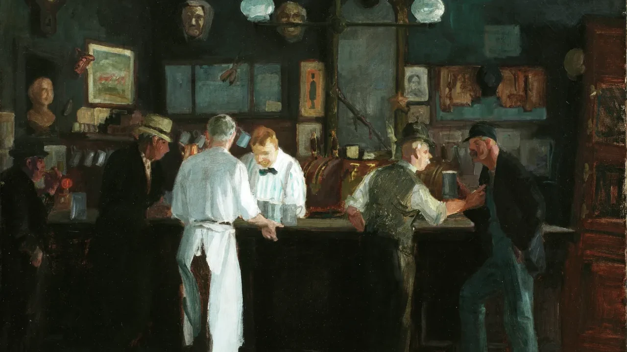 Painting of men in work clothes and aprons gathered at a dim old-fashioned bar.