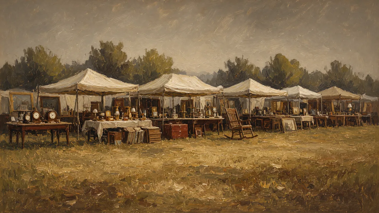 Painting of tables of goods under white canopies among trees.