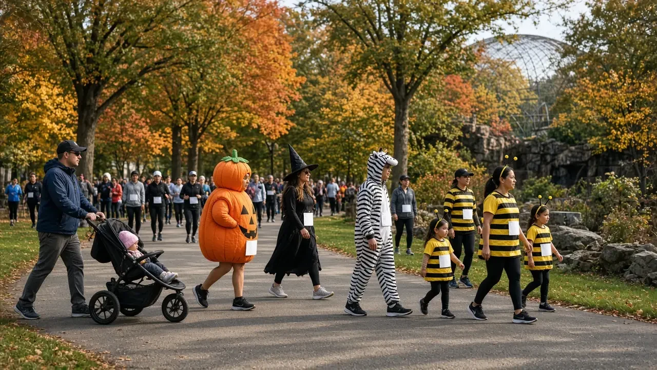 Runners in costumes, one dressed as a pumpkin, jogging along a park path in fall.