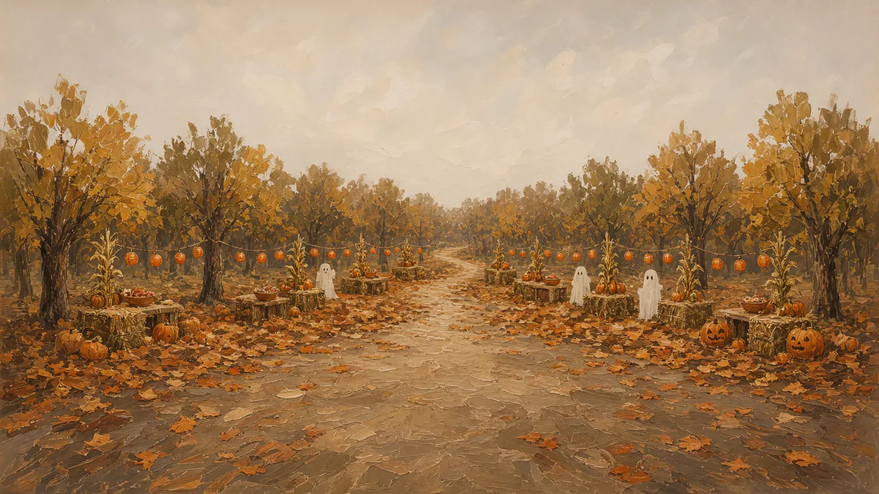 Painting of a leaf-covered path with small ghost figures among trees.