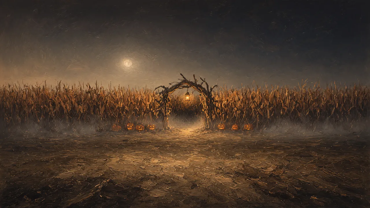 Painting of a lantern-lit arch at the edge of a misty cornfield.