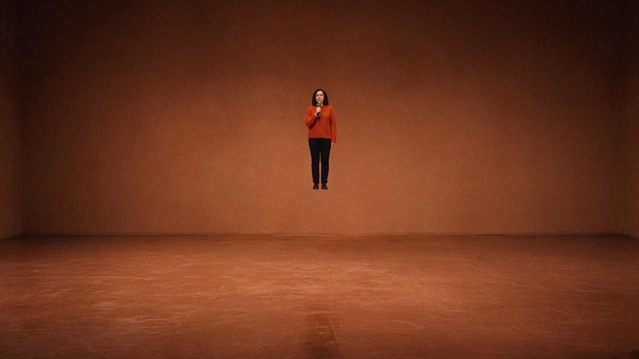 A comedian in a red top holds a microphone on an empty stage in front of a deep red wall.