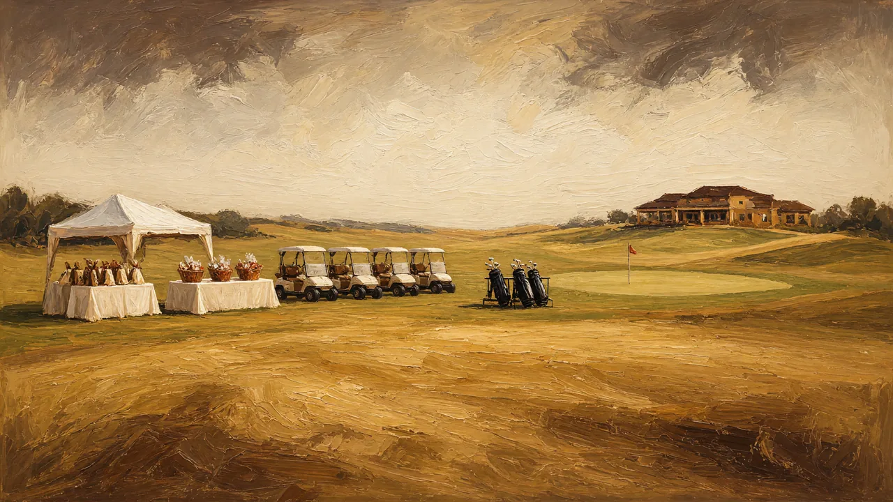 Painting of golf carts and a canopy on a rolling golf course.