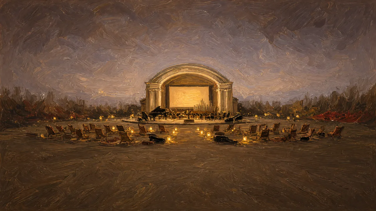 Painting of a bandshell glowing at the end of a park lawn at dusk.