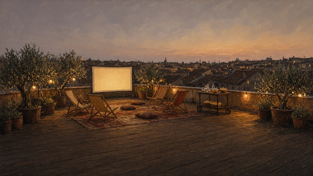 Painting of lounge chairs on a rooftop facing a screen at dusk.