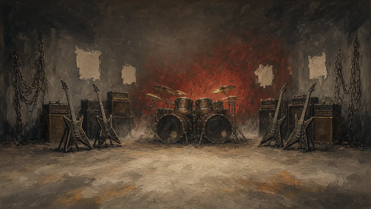 Painting of drums and amplifiers on a smoky stage with red light.