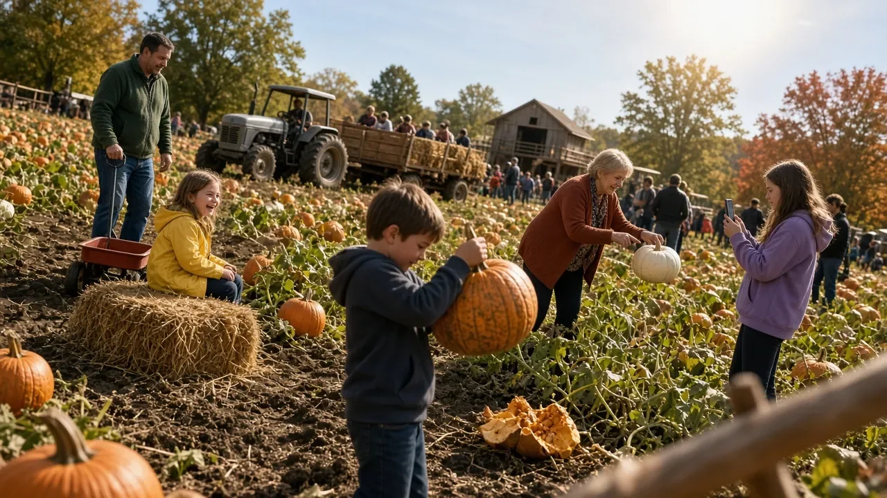 Children carrying pumpkins across a patch with hay bales and a tractor behind them.