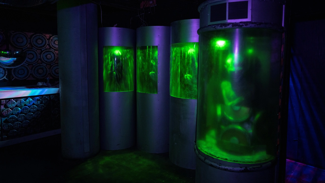 Glowing green specimen tanks in a dark haunted display room