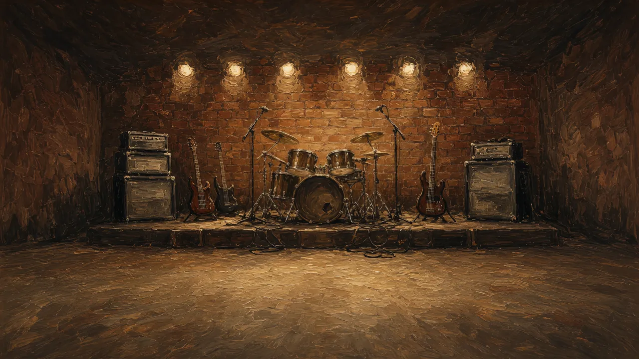 Painting of drums and amplifiers on a stage against a brick wall.