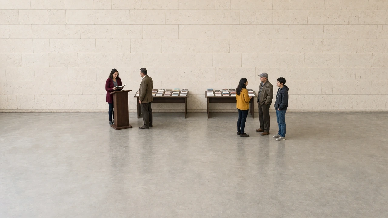 People gather at a lectern and display tables in a bright, empty hall.