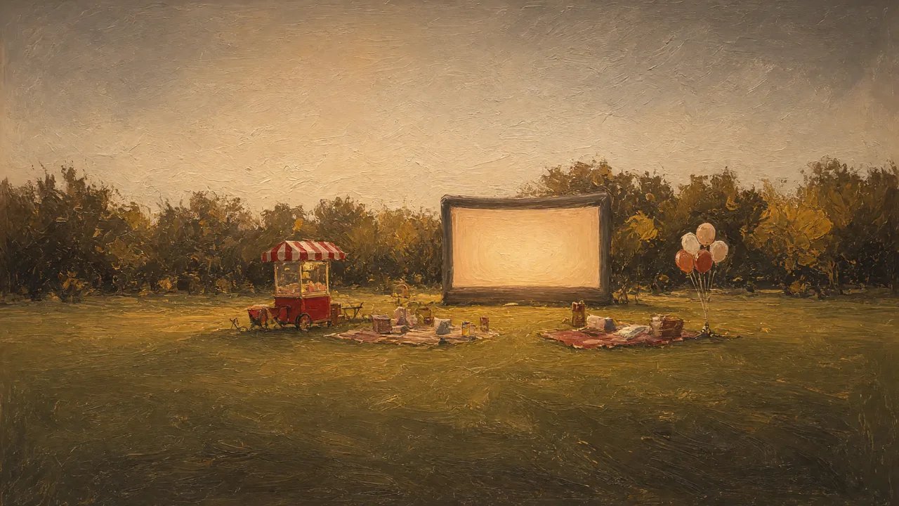 Painting of an outdoor screen with balloons and a popcorn cart in a park.