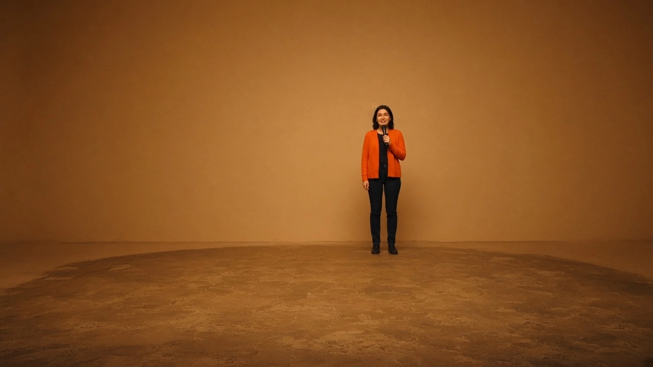 A comedian in an orange jacket holds a microphone on an empty stage with a warm tan backdrop.