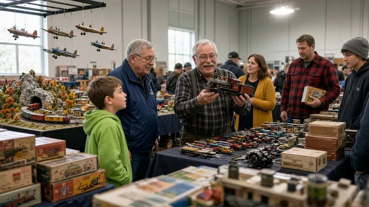 Visitors looking over tables of model trains and boxed sets in a hall, model planes hanging above.