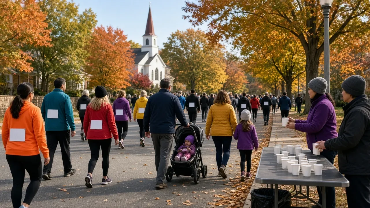 Runners passing a water table on a path lined with autumn trees and a church steeple.