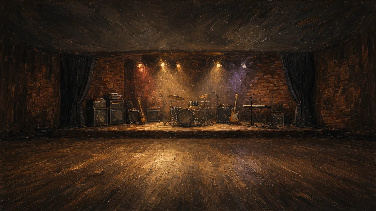 An empty club stage with drums, amps and guitars under warm spotlights against a brick wall.