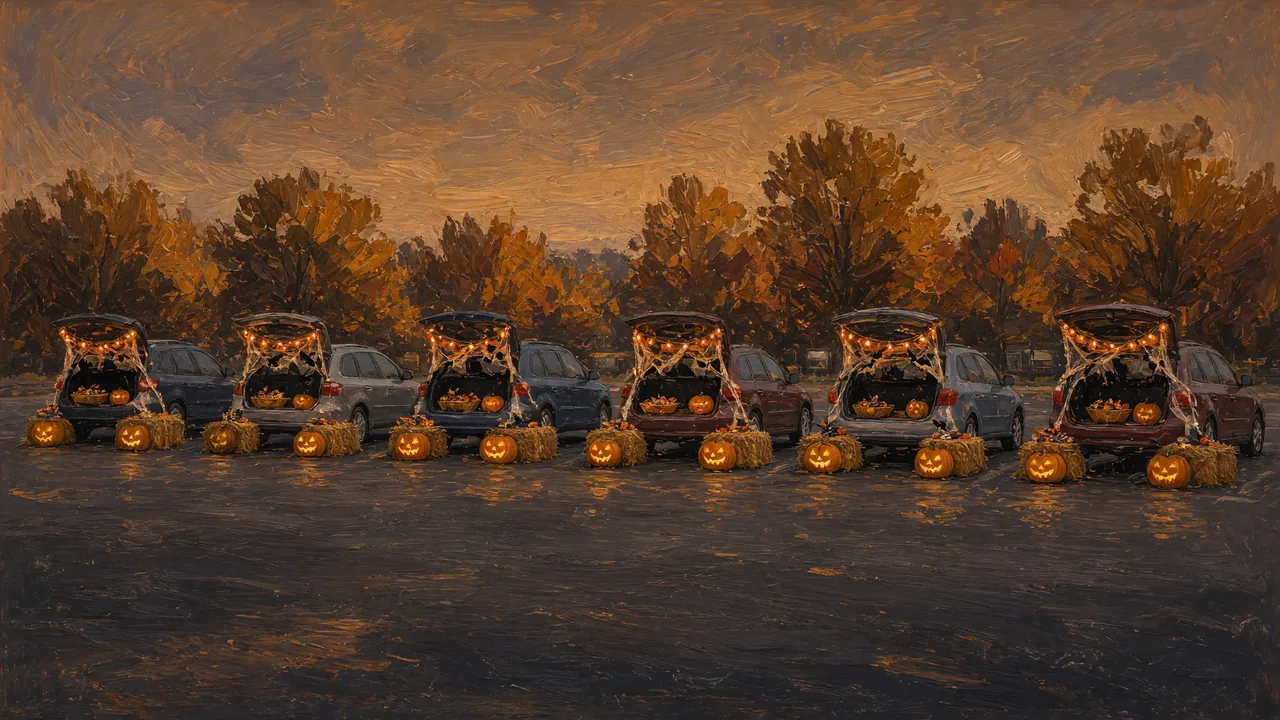 Painting of cars with open trunks decorated with pumpkins at dusk.