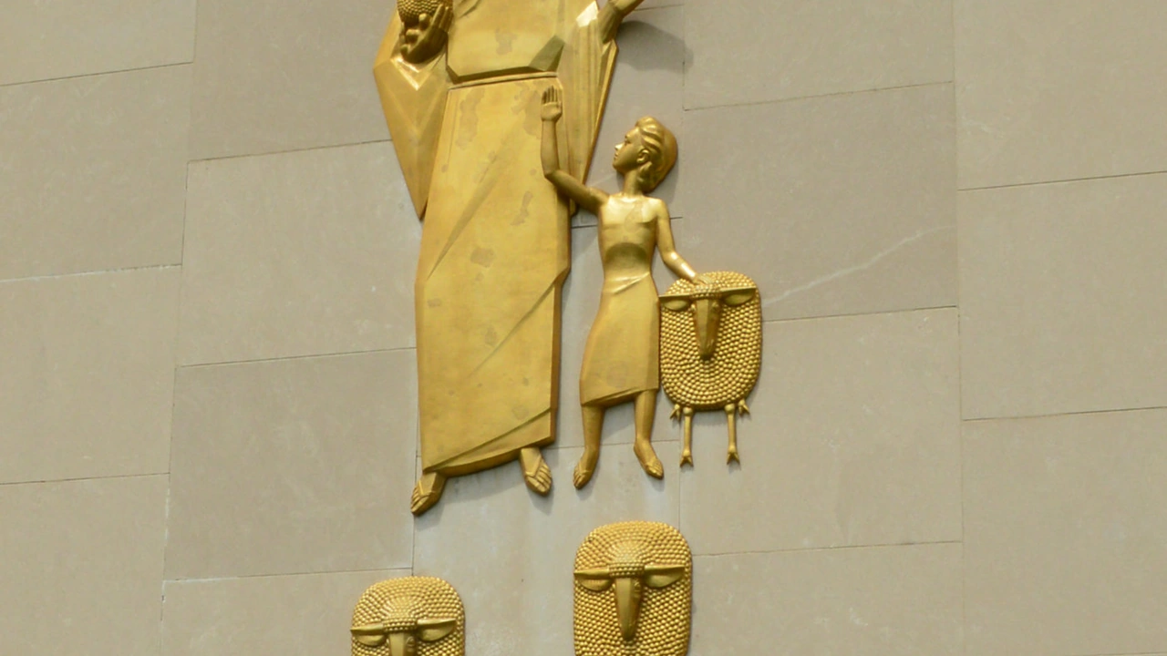 A gilded relief sculpture of robed figures on a stone wall