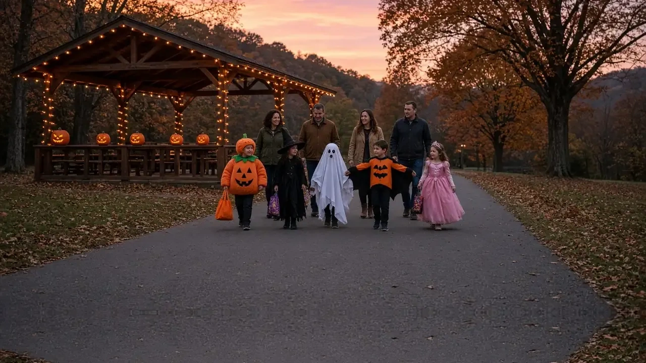 Children in costumes walking a leaf-covered path past a lit pavilion at dusk.
