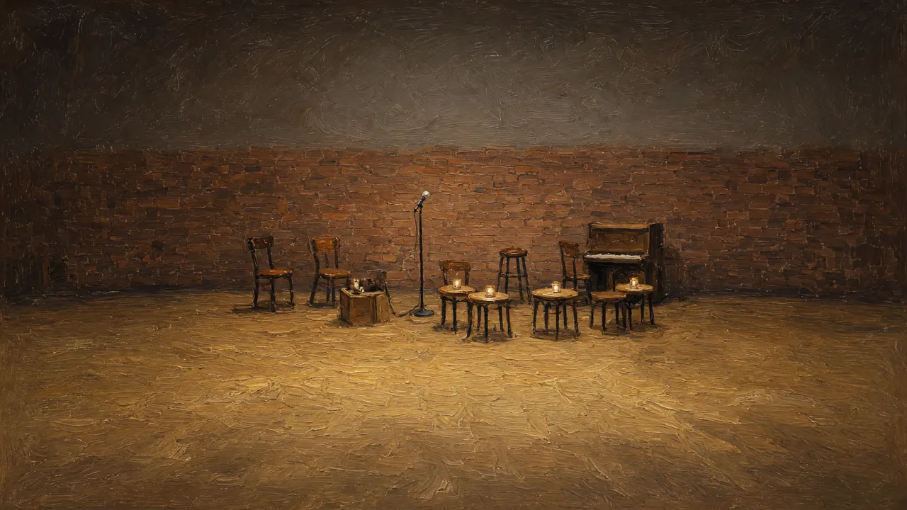 Painting of chairs and a piano on a bare stage against brick.