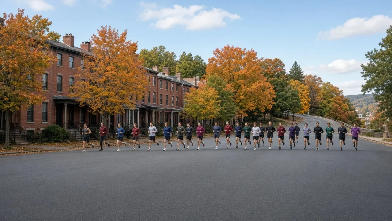 A line of runners on a town street lined with brick buildings and autumn trees.