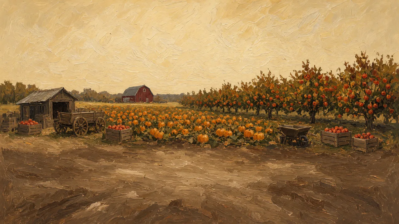 Painting of a pumpkin field and orchard rows under a pale sky.