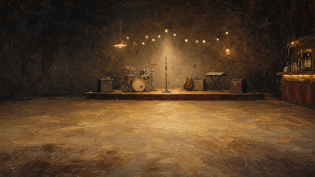 Painting of a small stage with instruments under string lights.