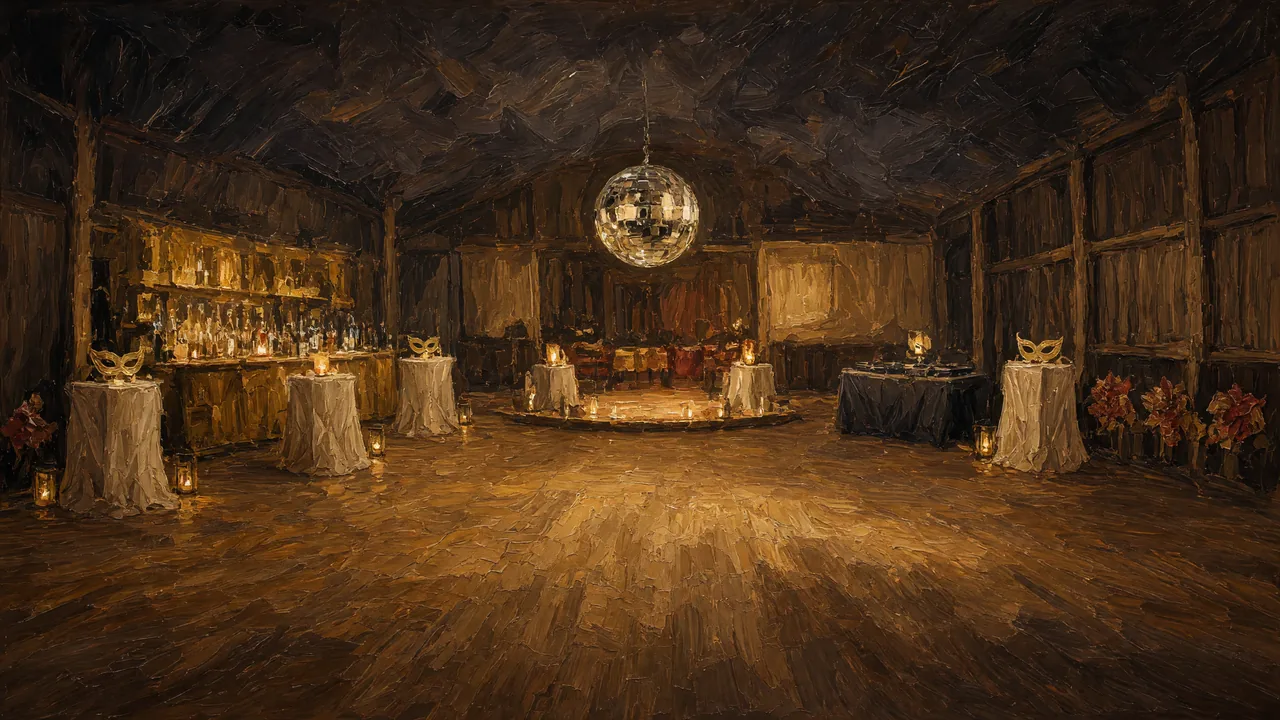 Painting of a barn hall with a disco ball, bar and lanterns.
