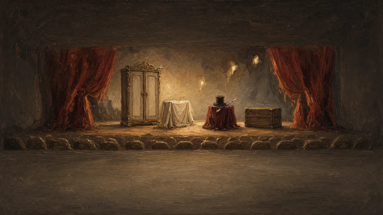 Painting of a magician's cabinet and props on a stage with red curtains.