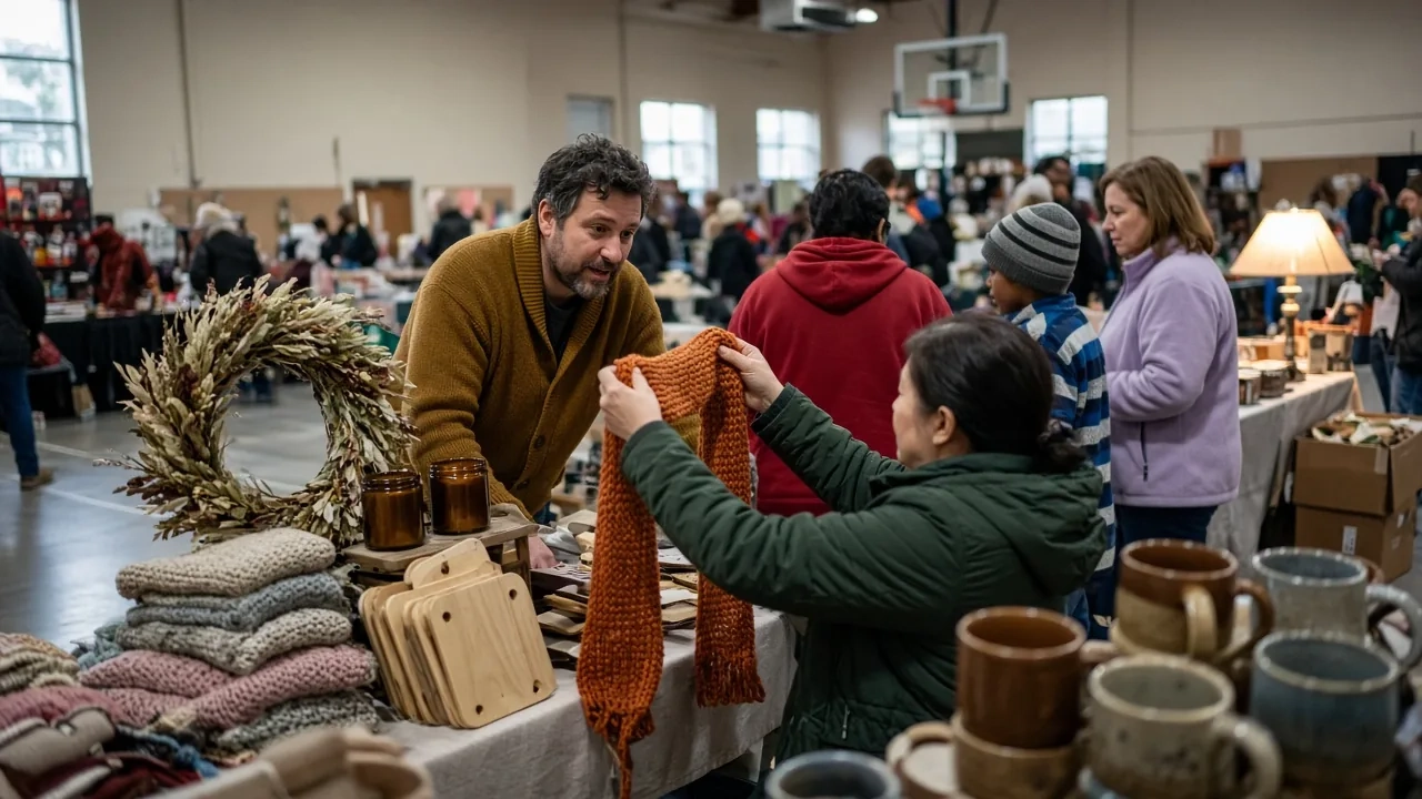 Shoppers looking over knitted goods, wreaths and pottery at vendor tables in a gym.