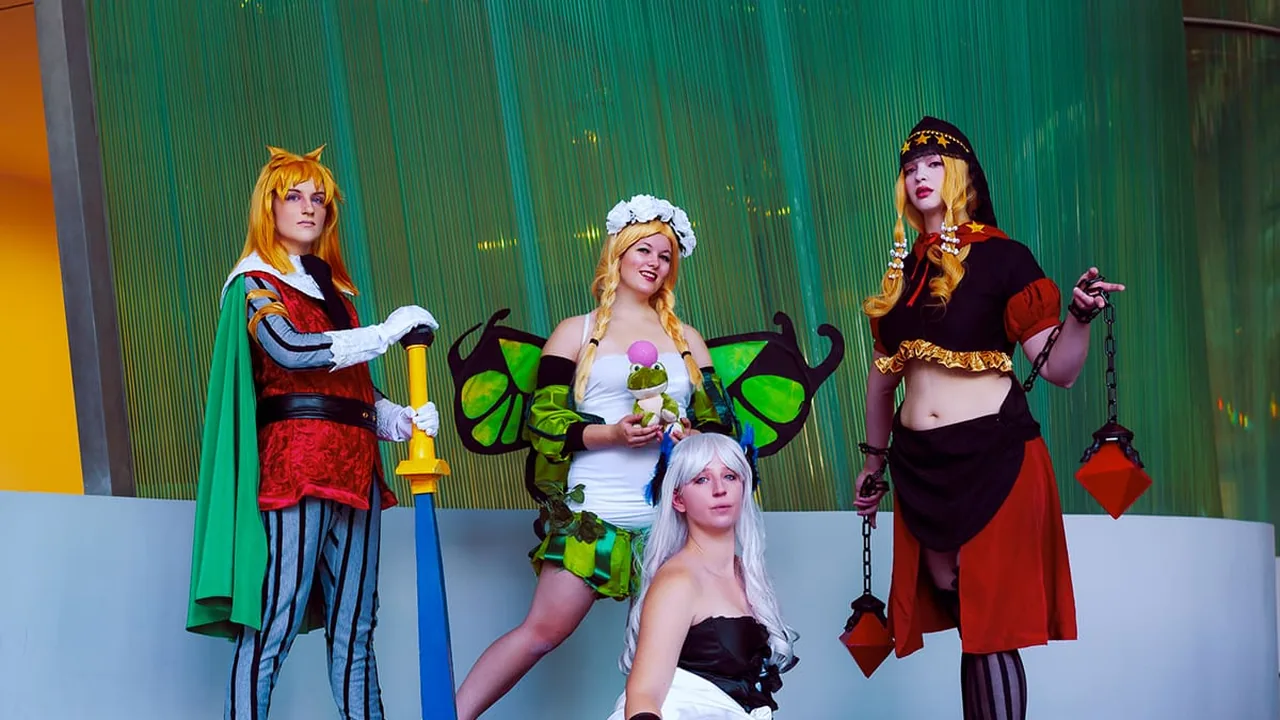 Cosplayers in colorful costumes pose together at a convention