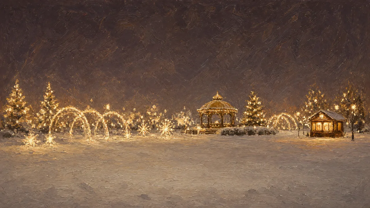 Painting of glowing light arches and trees on a snowy field at night.
