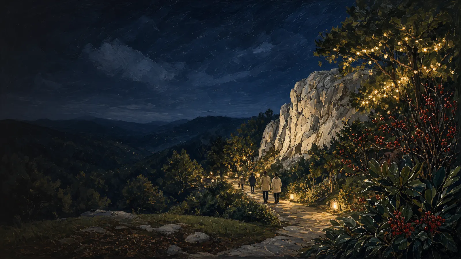 Painted mild night in North Georgia: a lit path through magnolias and hollies below a granite outcrop and forested hills