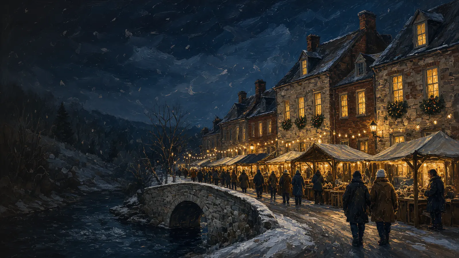 Painted night on a stone mill-town street: wreathed storefronts, stalls under string lights, a stone bridge over a creek
