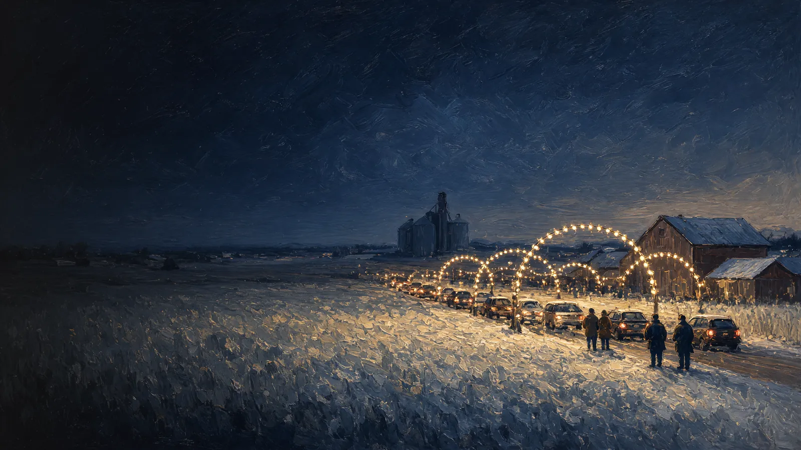 Painted night on flat Ohio farmland: cars roll under arches of lights past red barns, a grain elevator on the frosted horizon