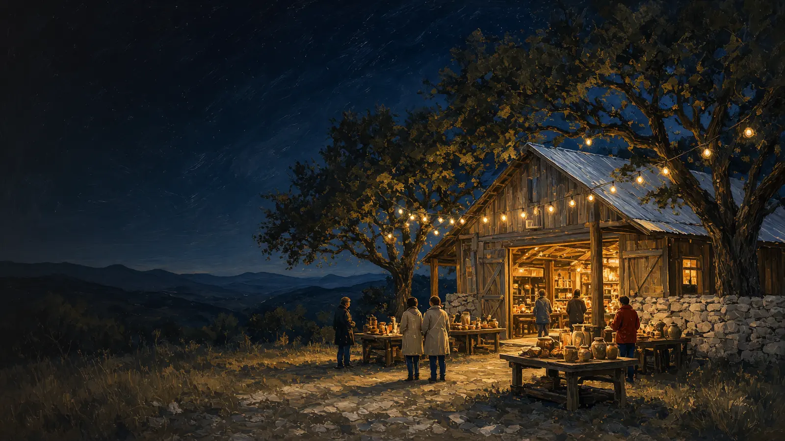 Painted dusk: a tin-roof wooden barn with open doors and string lights to live oaks, shoppers at tables of pottery