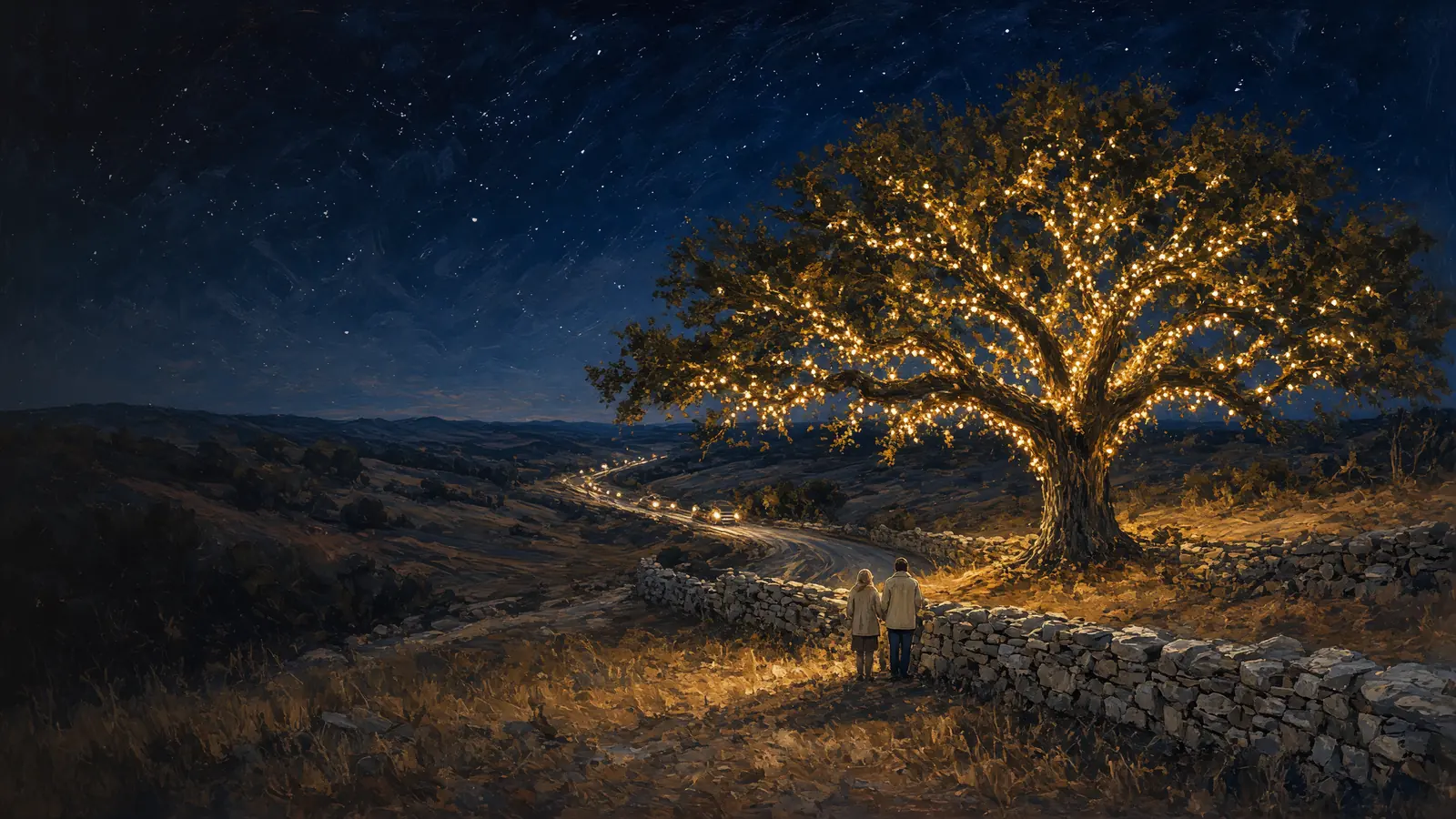 Painted night in the Hill Country: a live oak wrapped in lights beside a limestone wall, two walkers, headlights on a lane